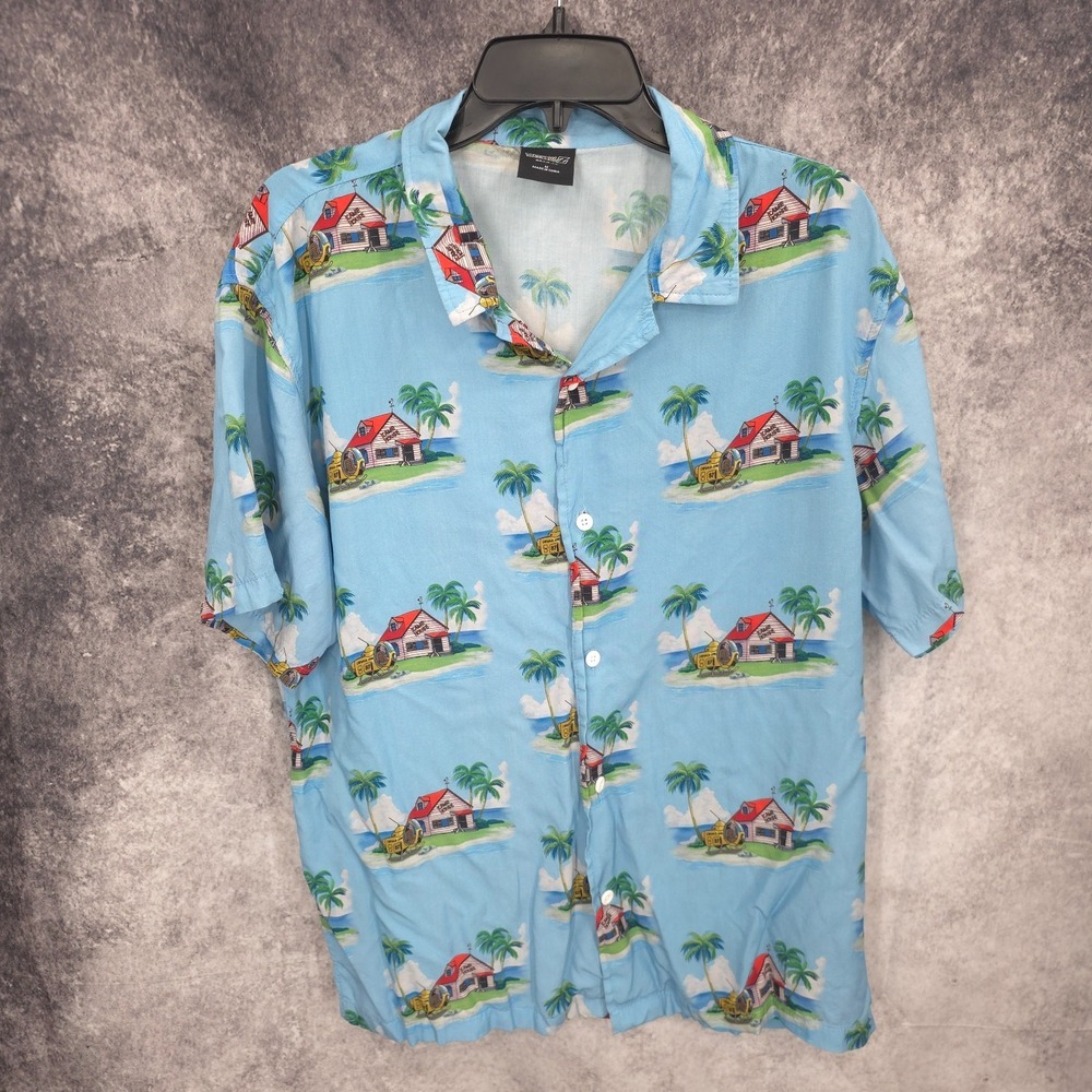 Dragon Ball Z Shirt Mens Medium Blue Button Kame House Tropical Vacation Summer